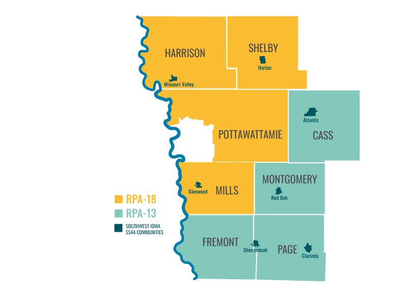 A map of Southwest Iowa showing the counties of RPA-12 and RPA-18 along with the seven communities included in the study.